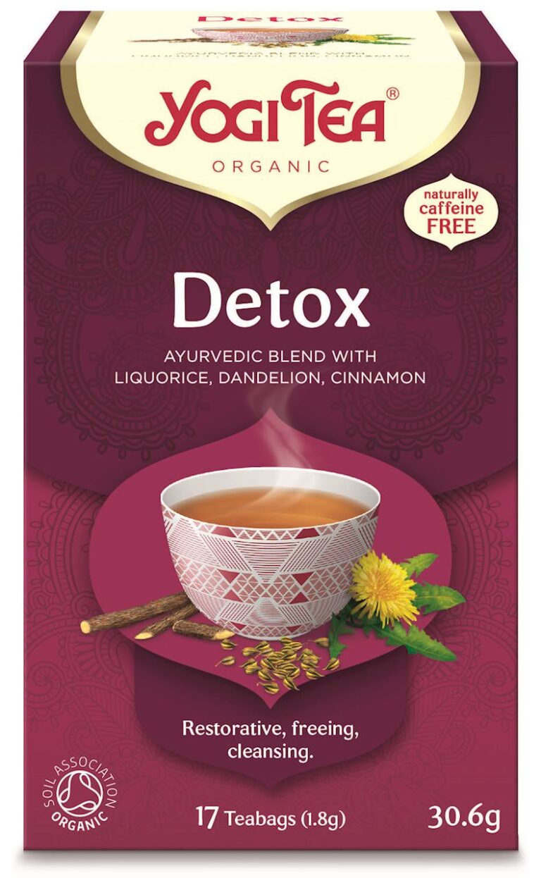 Opakowanie herbaty Yogi Tea Detox z lukrecją, mniszkiem i cynamonem, 17 torebek, organiczna, bezkofeinowa.