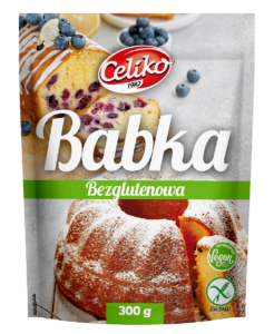 Bezglutenowa babka z jagodami marki Celiko, 300 g, wegańska, opakowanie produktu z logo i grafiką ciasta.