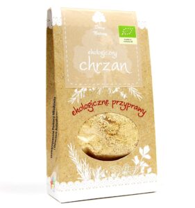 Ekologiczny chrzan w kartonowym opakowaniu Dary Natury z widocznym certyfikatem ekologicznym.
