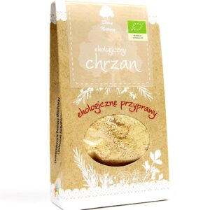 Ekologiczny chrzan w kartonowym opakowaniu Dary Natury z widocznym certyfikatem ekologicznym.