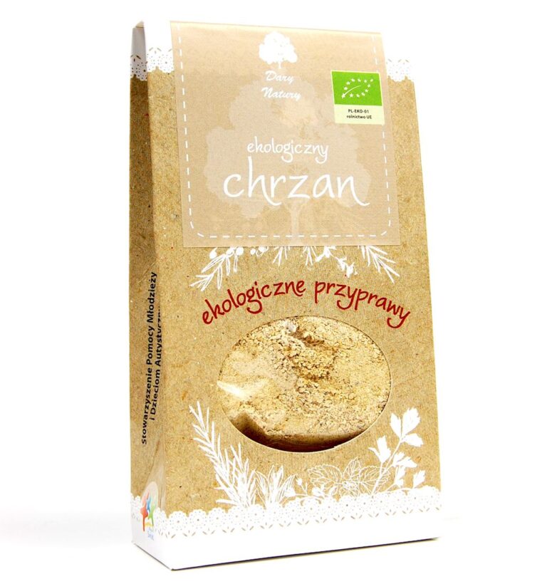 Ekologiczny chrzan w kartonowym opakowaniu Dary Natury z widocznym certyfikatem ekologicznym.