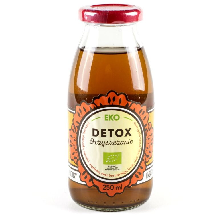 Eko napój w szklanej butelce z etykietą Detox Oczyszczanie, 250 ml, z czerwoną zakrętką.