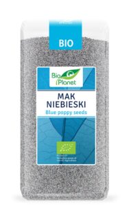Ekologiczny mak niebieski Bio Planet w opakowaniu, certyfikat PL-EKO-07.