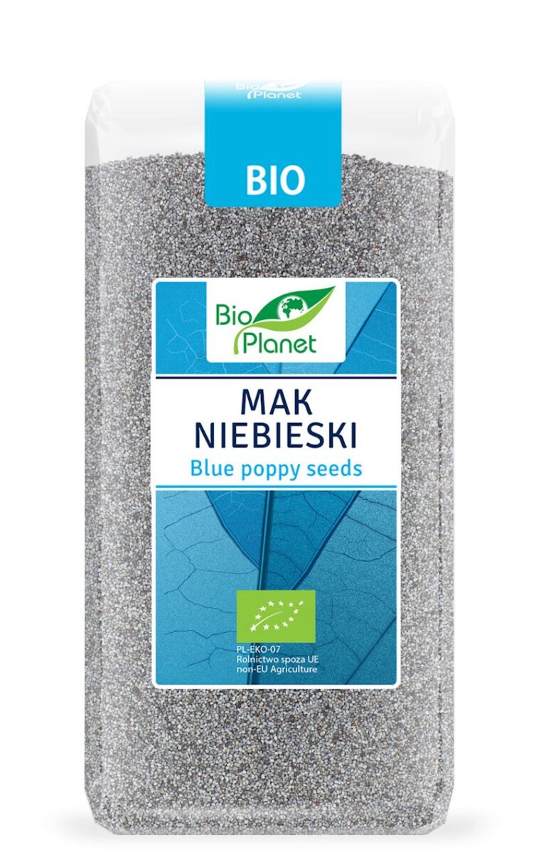 Ekologiczny mak niebieski Bio Planet w opakowaniu, certyfikat PL-EKO-07.