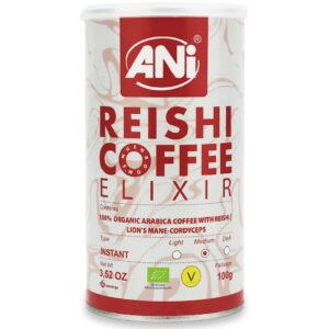 Opakowanie kawy ANi Reishi Coffee Elixir z organiczną arabiką i grzybami. Instant, 100 g, wegańskie, ekologiczne.