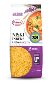 Opakowanie makaronu nitki Polmak o niskim indeksie glikemicznym 38, gotowe w 3-4 minuty.
