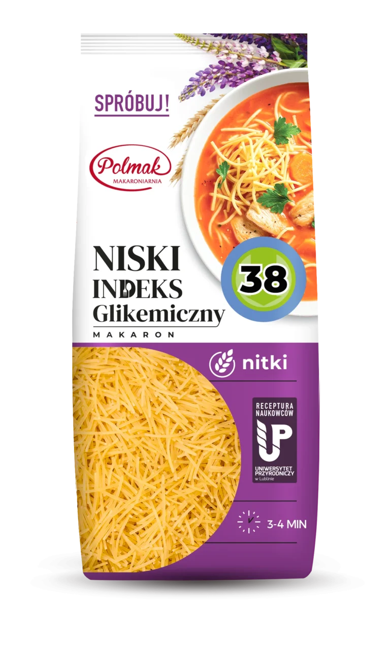 Opakowanie makaronu nitki Polmak o niskim indeksie glikemicznym 38, gotowe w 3-4 minuty.