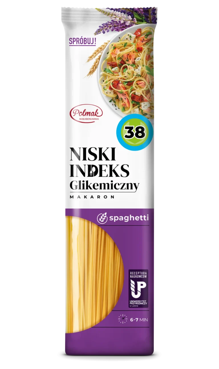 Opakowanie makaronu spaghetti z niskim indeksem glikemicznym, logo Polmak. Czas gotowania 6-7 min, indeks 38.