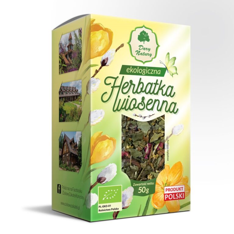 Ekologiczna herbata wiosenna Dary Natury, 50g, w ozdobnym opakowaniu z kwiatowymi motywami, produkt polski.