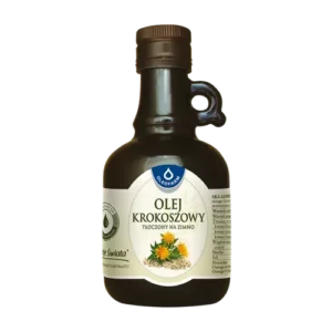 Butelka oleju krokoszowego tłoczonego na zimno, marki Oleofarm, z etykietą i logo.