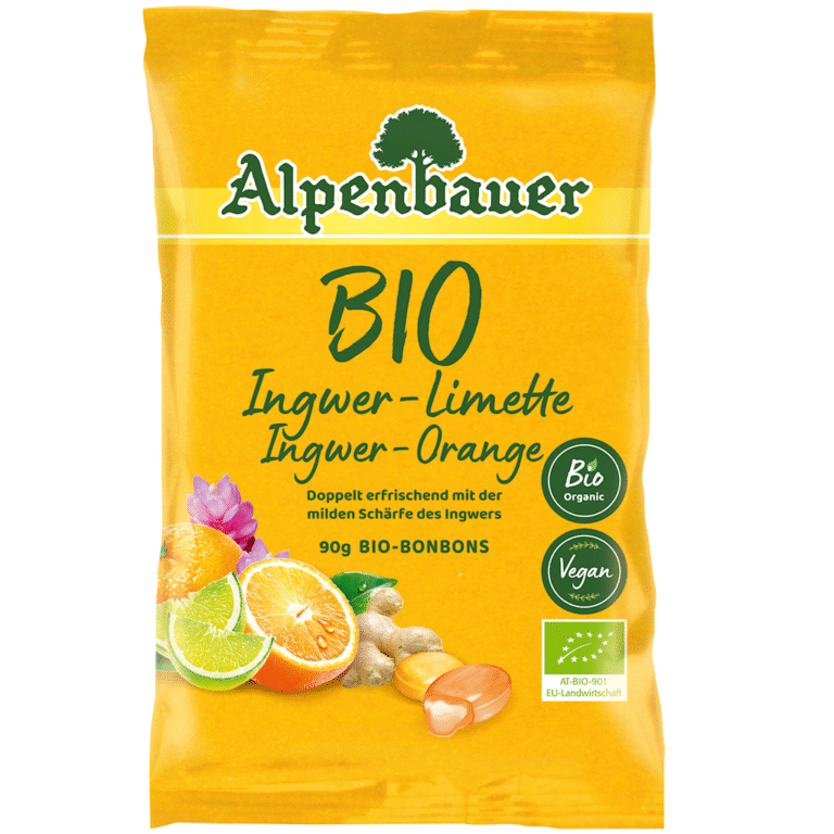 Opakowanie BIO cukierków o smaku imbir-limetka i imbir-pomarańcza, marki Alpenbauer, 90g, produkt wegański i organiczny.