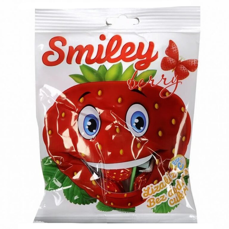Opakowanie lizaka Smiley Berry z uśmiechniętą truskawką, bez cukru, zawiera witaminę C.