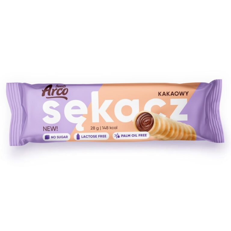 Opakowanie kakaowego sękacza Sweet Arco, bez cukru, laktozy i oleju palmowego, 28g i 148 kcal.