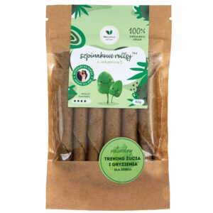 Naturalne rolki szpinakowe z witaminą C dla dzieci, 50g. Opakowanie z grafiką liści i logo produktu.