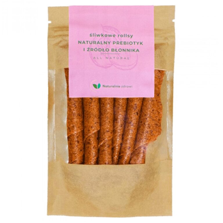 Opakowanie śliwkowych rollsów, naturalny prebiotyk i źródło błonnika, marki Naturalnie Zdrowi.