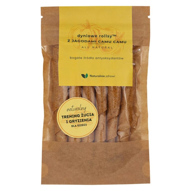 Opakowanie dyniowych rollsów z jagodami camu camu, naturalny trening żucia i gryzienia dla dzieci.