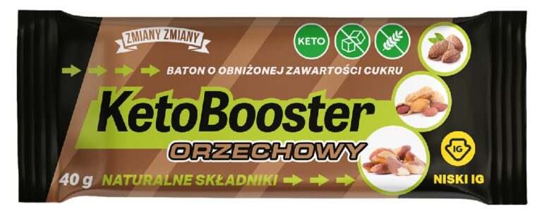 Baton Keto Booster Orzechowy 40g z naturalnymi składnikami i niskim IG, o obniżonej zawartości cukru.