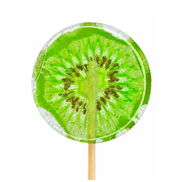 Lizak w kształcie plasterka kiwi na patyku, z detalami pestek i soczystą zielenią.