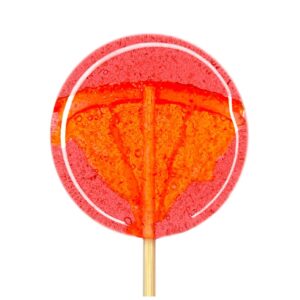 Czerwony lizak z motywem pomarańczy na białym tle, widoczny z przodu.