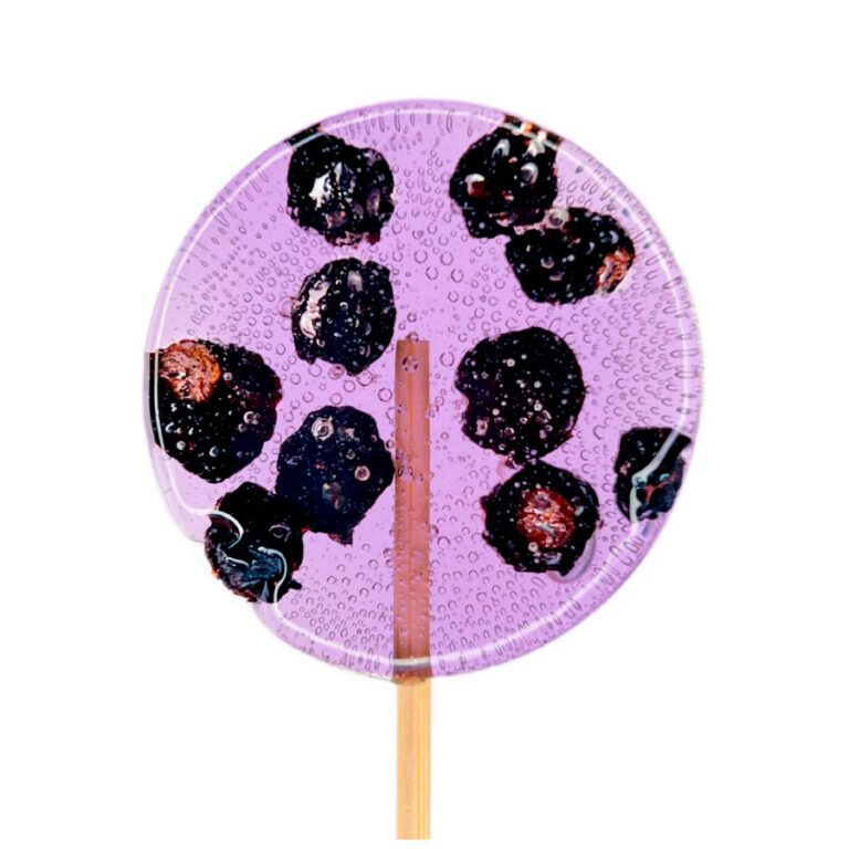 Fioletowy lizak z bąbelkami i zatopionymi owocami, umieszczony na drewnianym patyczku.
