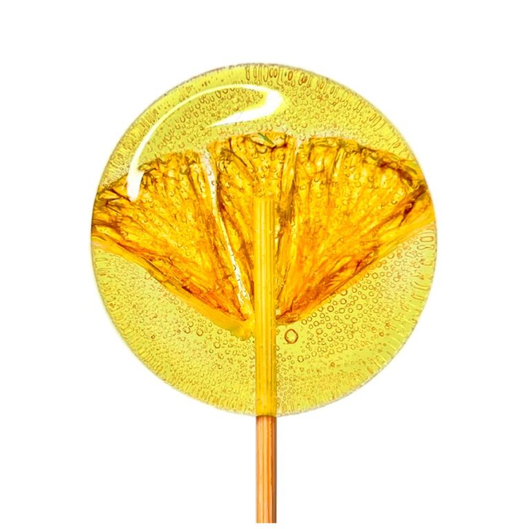 Przezroczysty lizak z plasterkiem suszonej pomarańczy w środku, z bąbelkami, widok z przodu na białym tle.