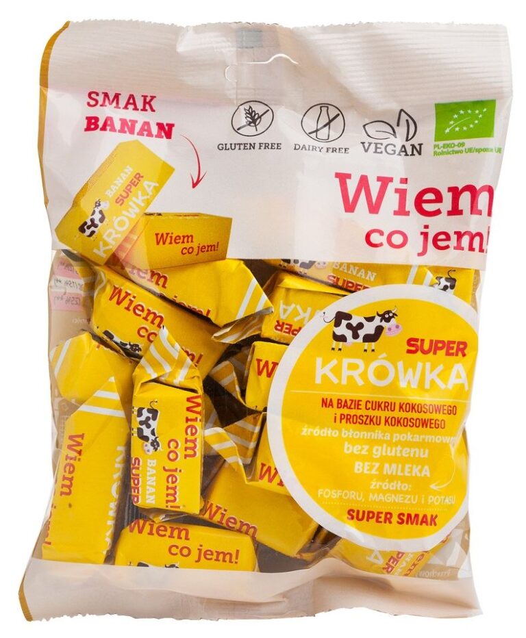 Wegańskie cukierki krówki o smaku bananowym, bez glutenu i mleka, zapakowane w żółtą torbę.
