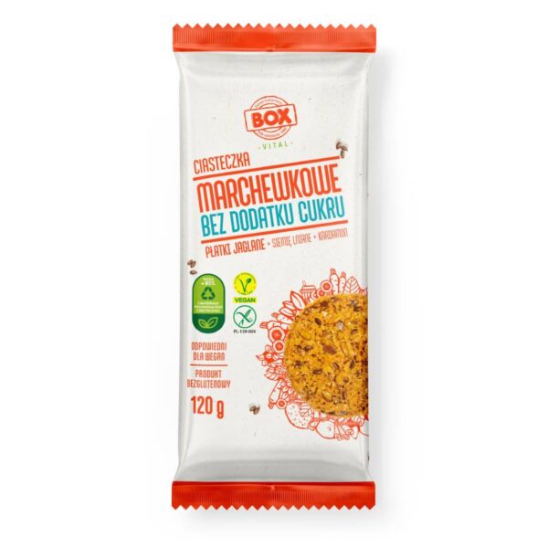 Opakowanie ciasteczek marchewkowych bez cukru, wegańskie, z płatkami jaglanymi i kardamonem, 120g.