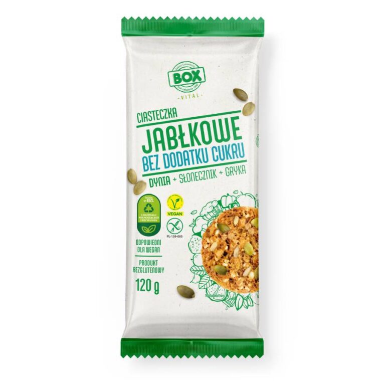 Opakowanie ciasteczek jabłkowych bez cukru, z dynią i słonecznikiem, vegan, bezglutenowe, 120 g.