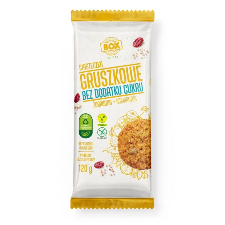 Opakowanie ciasteczek gruszkowych bez cukru, z żurawiną i amarantusem, odpowiednie dla wegan, bezglutenowe, 120 g.