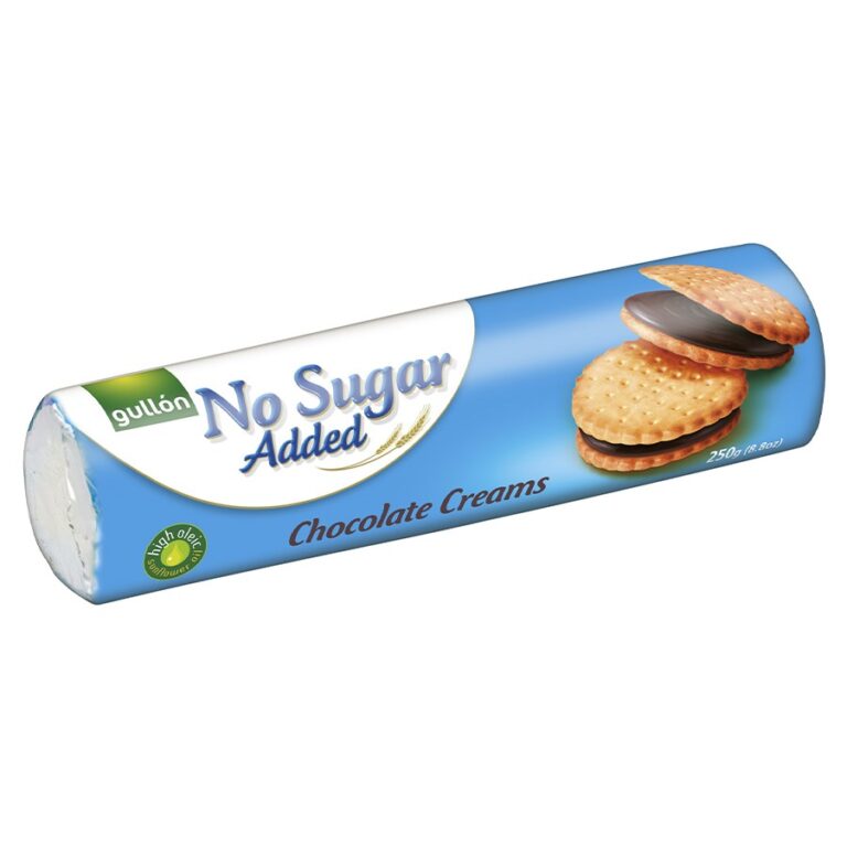 Opakowanie ciasteczek Gullón Chocolate Creams bez dodatku cukru, na niebieskim tle.
