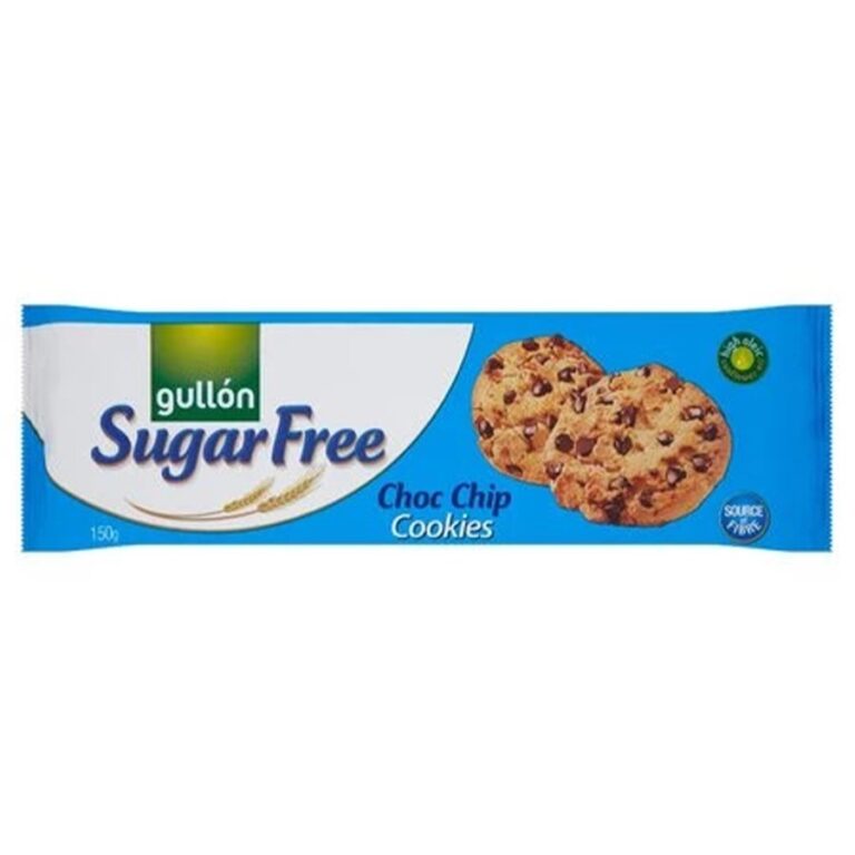 Opakowanie ciastek bez cukru z kawałkami czekolady marki Güllon na białym tle.