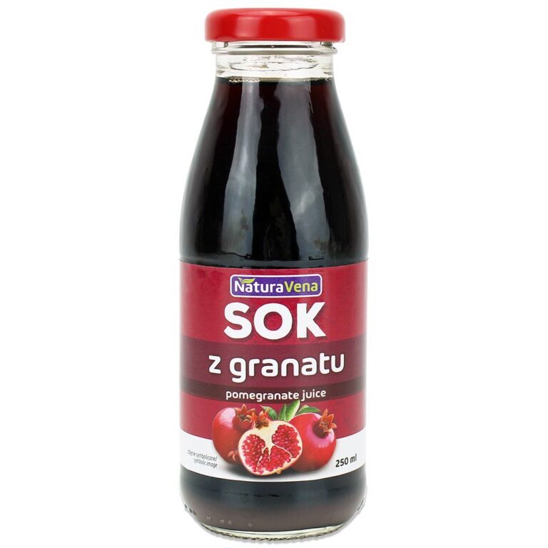Butelka soku z granatu marki NaturaVena, 250 ml, z czerwonym korkiem i etykietą.