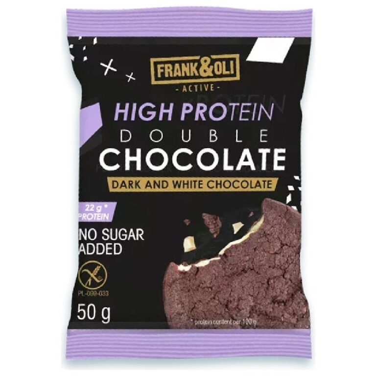Opakowanie ciastek proteinowych Frank & Oli Double Chocolate bez cukru, 50g, ciemna i biała czekolada.