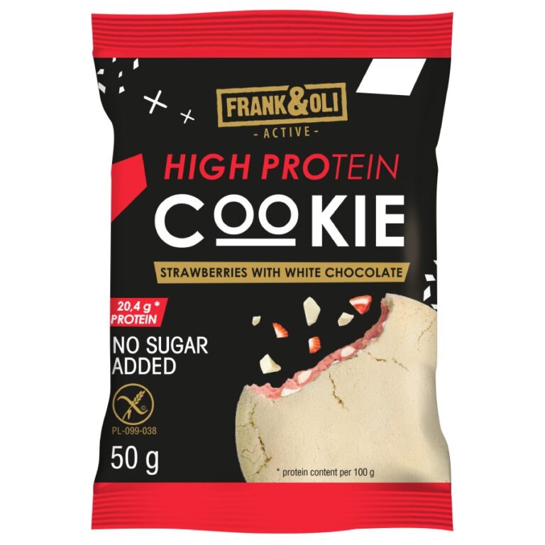 Opakowanie ciastka proteinowego o smaku truskawki z białą czekoladą, bez dodatku cukru, 50 g.