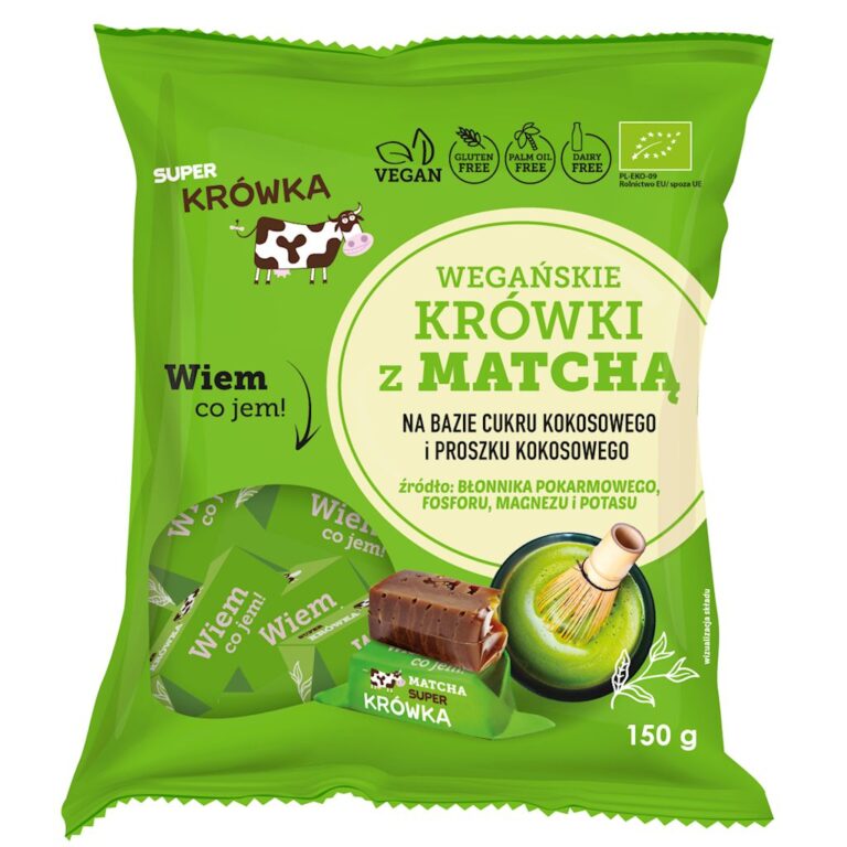 Opakowanie wegańskich krówek z matchą, bez glutenu, oleju palmowego i laktozy, 150g.