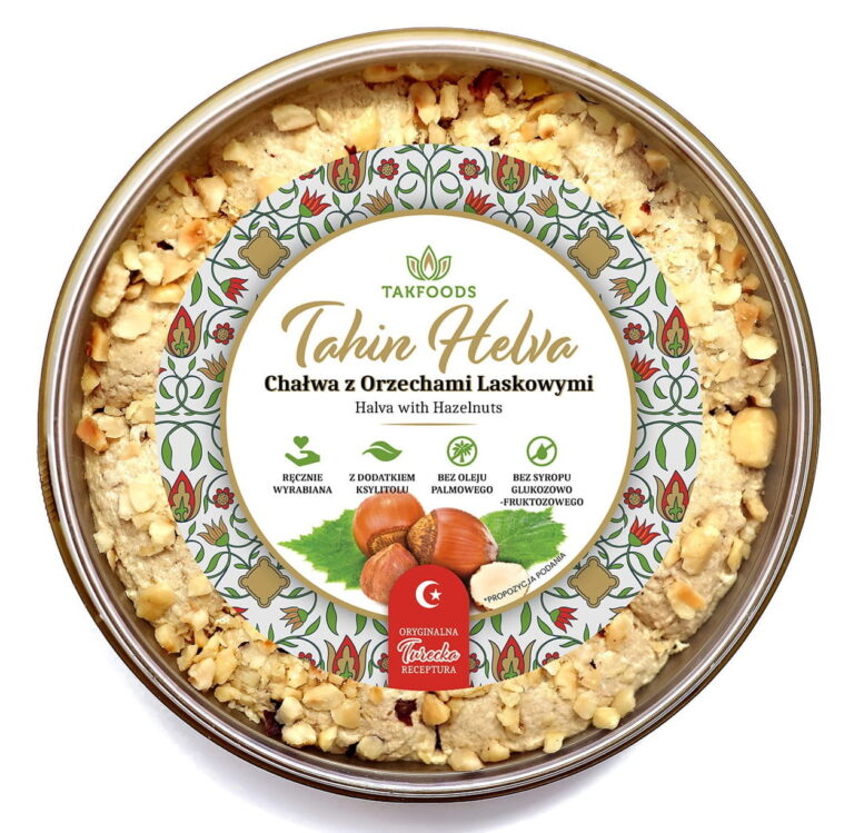 Opakowanie chałwy tahini z orzechami laskowymi marki Takfoods, ozdobione wzorami.