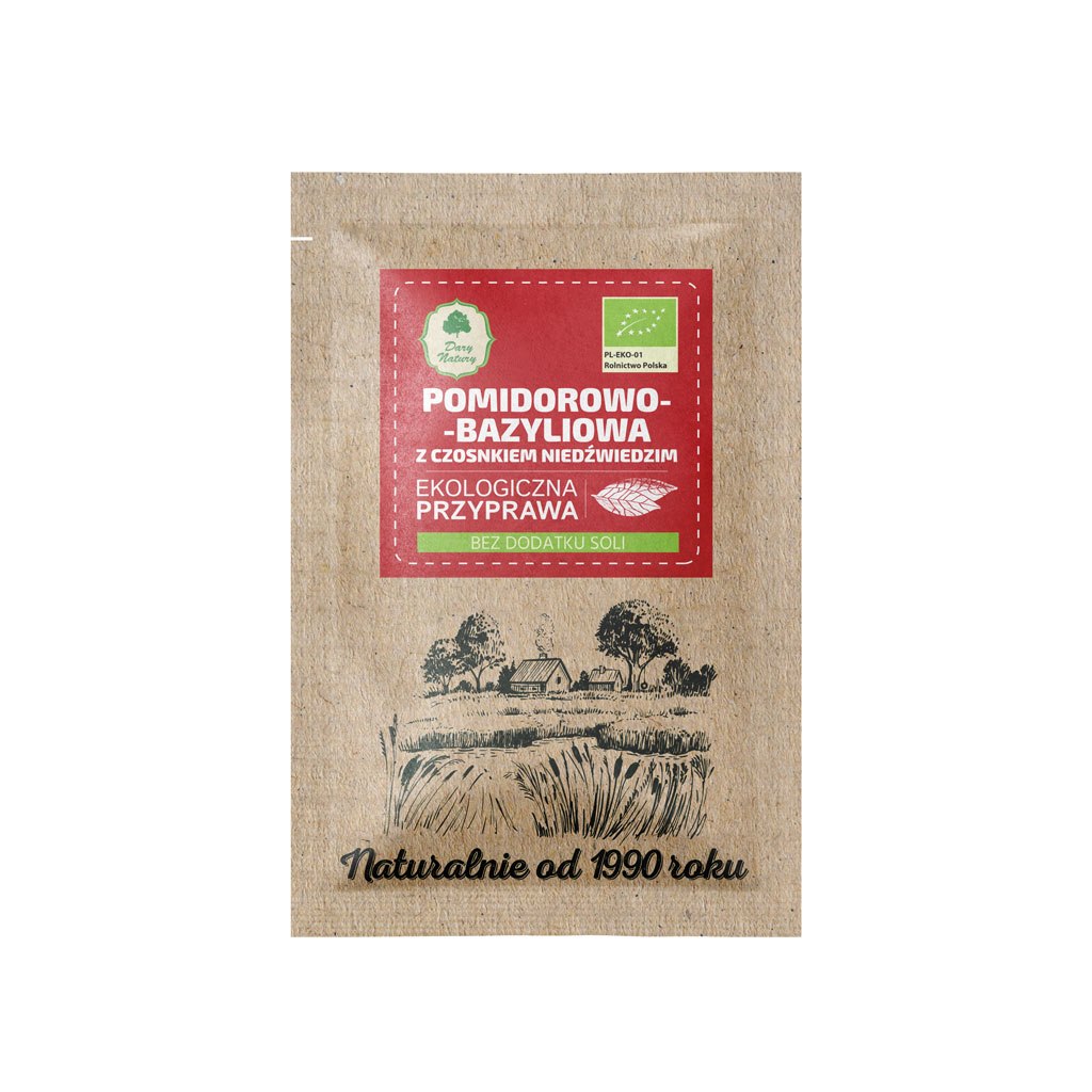 Ekologiczna przyprawa pomidorowo-bazyliowa z czosnkiem niedźwiedzim, bez dodatku soli. Naturalnie od 1990 roku.