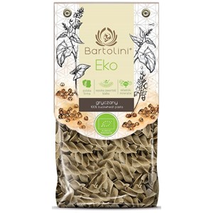Opakowanie ekologicznego makaronu gryczanego Bartolini Eko, 400g, z certyfikatem żywności ekologicznej.