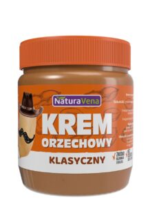 Słoik klasycznego kremu orzechowego NaturaVena z brązową zakrętką i grafiką orzecha w kapeluszu na etykiecie.