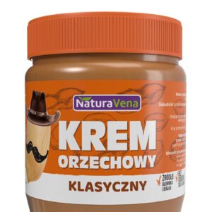 Słoik klasycznego kremu orzechowego NaturaVena z brązową zakrętką i grafiką orzecha w kapeluszu na etykiecie.