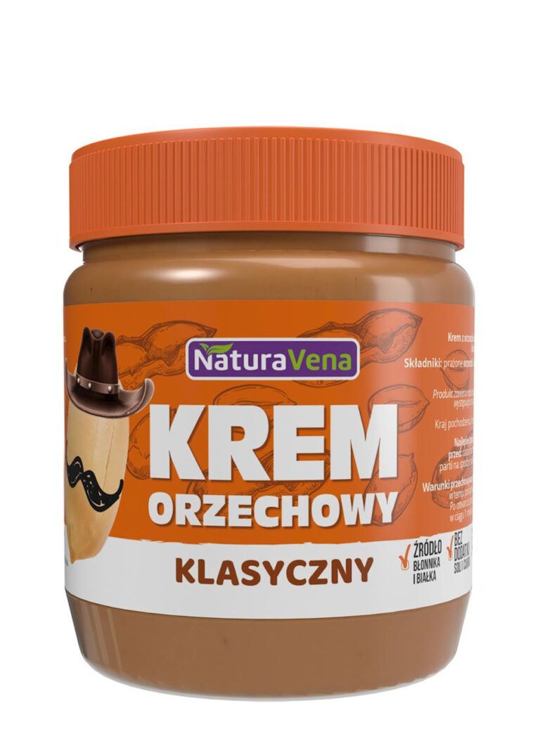 Słoik klasycznego kremu orzechowego NaturaVena z brązową zakrętką i grafiką orzecha w kapeluszu na etykiecie.