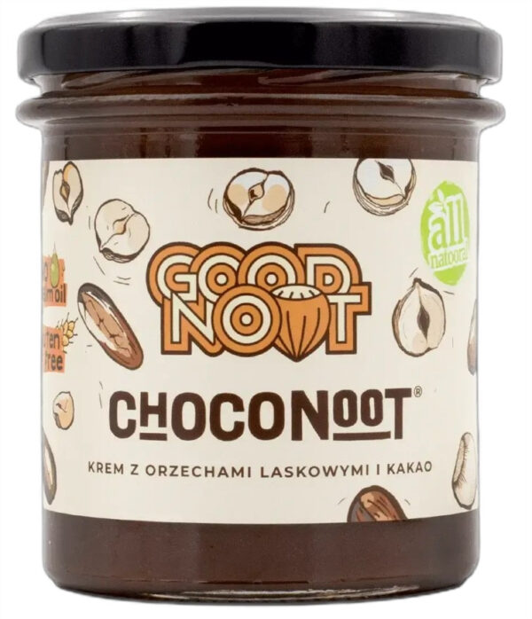 Słoik kremu orzechowo-kakaowego GOOD NOOT CHOCONOOT, bez oleju palmowego i glutenu, z napisem all natural.