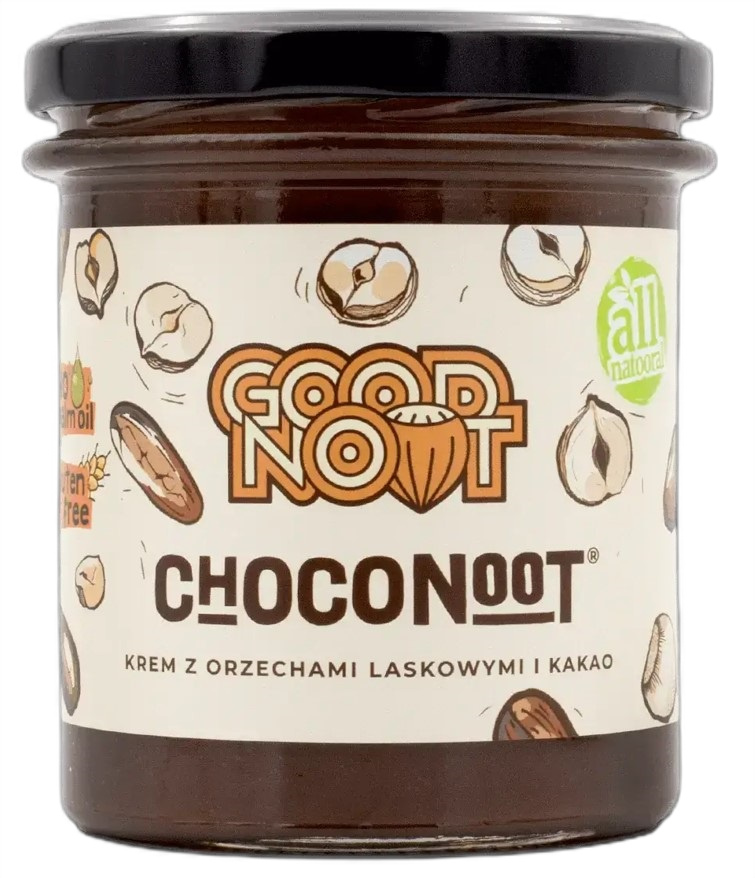 Słoik kremu orzechowo-kakaowego GOOD NOOT CHOCONOOT, bez oleju palmowego i glutenu, z napisem all natural.