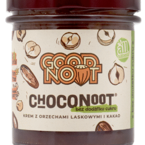 Słoik kremu Choconooot bez cukru, orzechowo-kakaowy, marki Good Noot z ilustracjami orzechów na etykiecie.