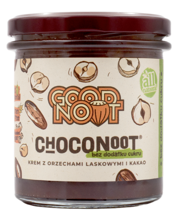 Słoik kremu Choconooot bez cukru, orzechowo-kakaowy, marki Good Noot z ilustracjami orzechów na etykiecie.
