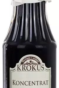 Butelka koncentratu barszczu Krokus w szklanej butelce z białą etykietą i zakrętka z papieru.