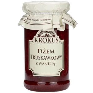 Słoik dżemu truskawkowego z wanilią marki Krokus z tradycyjną etykietą, pokryty białą pokrywką.