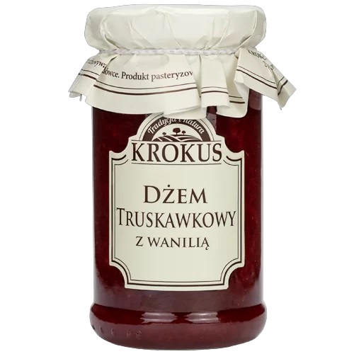 Słoik dżemu truskawkowego z wanilią marki Krokus z tradycyjną etykietą, pokryty białą pokrywką.