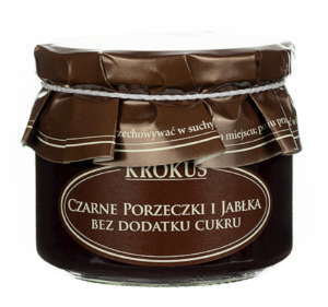 Słoik konfitury Czarne Porzeczki i Jabłka bez cukru, w ciemnym papierowym opakowaniu z napisem Krokus.