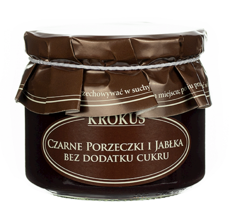 Słoik konfitury Czarne Porzeczki i Jabłka bez cukru, w ciemnym papierowym opakowaniu z napisem Krokus.
